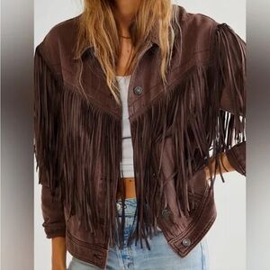 Free People We The Free After Hours Fringe Denim Jacket - Size Medium NWOT